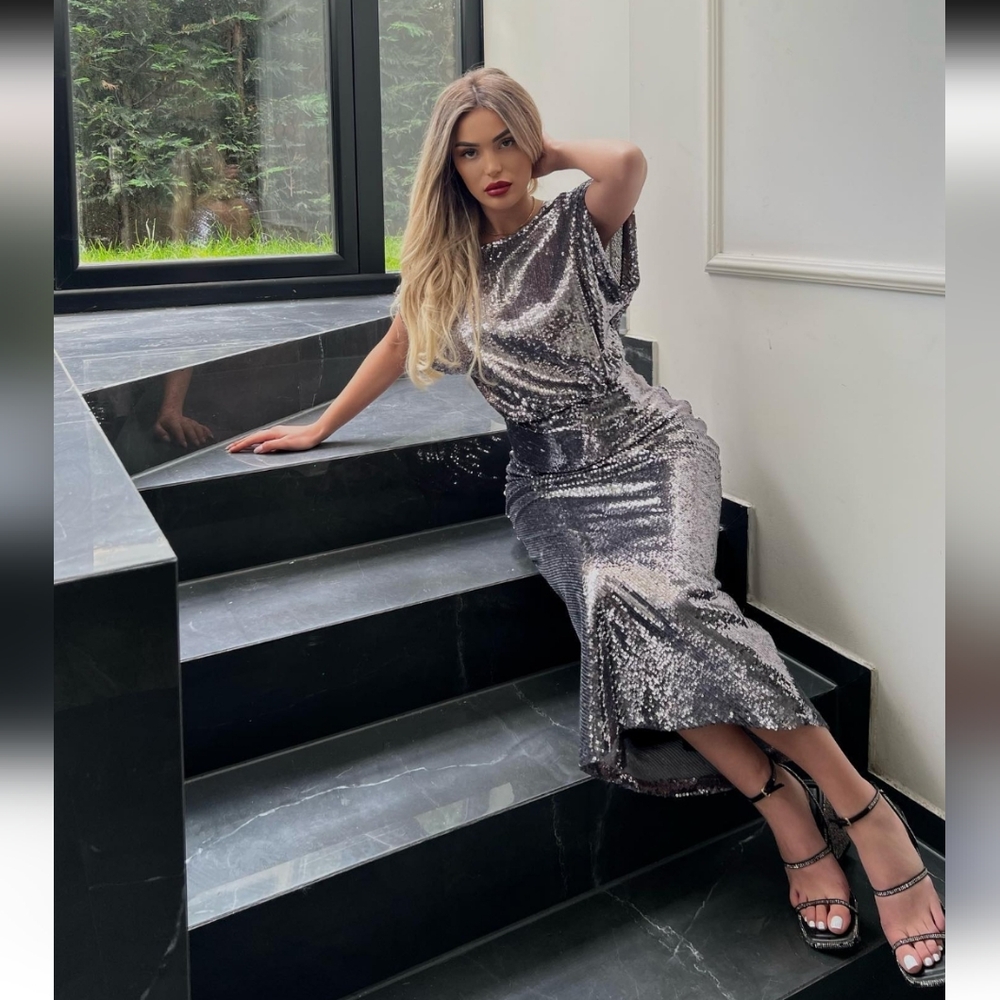 Zara SEQUIN SILVER LONG DRESS GOWN Size S - Picture 2 of 16